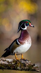 Vibrant wood duck with iridescent plumage perched on a mossy branch against blurred fall foliage