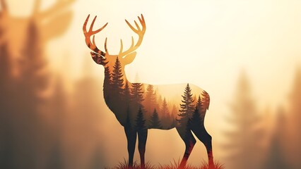 Majestic Stag Double Exposure Illustration - Nature and Forest Pine Tree Silhouette