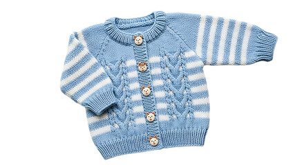 Hand Knitted Blue and White Striped Baby Cardigan with Cute Bear Shaped Buttons isolated on White