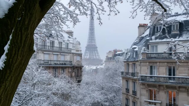 Ultra HD Eiffel tower in paris on a snowy winter day, framed by snowcovered trees and classic haussmannian buildings, a beautiful winter cityscape video