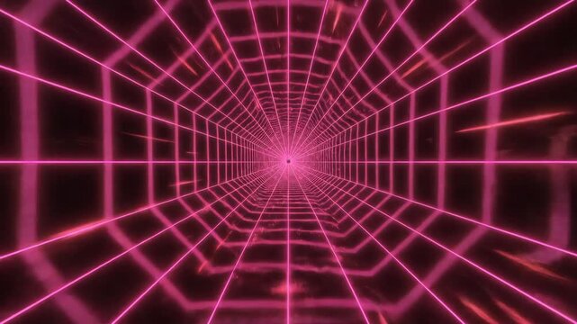 Abstract Neon Grid Tunnel Loop Futuristic Cyberpunk Background with Glowing Pink Lines.