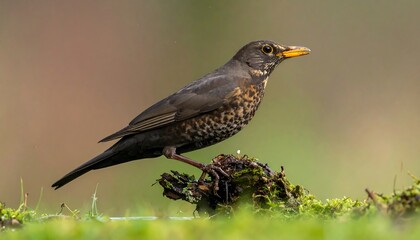 Female blackbird perched on mossy twig with green background, looking to the right with a bright yellow beak