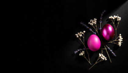 Modern Minimalist Easter Flat Lay: Fuchsia & Magenta Eggs with Lavender on Black