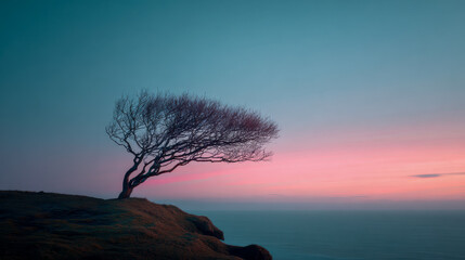 Lone windswept tree bending dramatically on a cliff edge overlooking the ocean under a tranquil pastel sunset sky with soft pink and blue hues