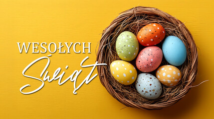 Kolorowe pisanki w gnieździe z napisem Wesołych Świąt na ż&oacute;łtym