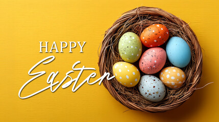 Gniazdo kolorowych pisanek z napisem Happy Easter na ż&oacute;łtym tle