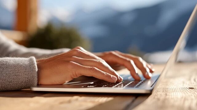 A person types on a laptop while sitting at a wooden table. The setting features mountains and trees in the background. Natural light illuminates the scene creating a focused atmosphere.