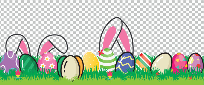 Playful Springtime Easter Eggs and Happy Pink Bunny Ears Peeking Out of Vibrant Green Grass Border Decoration Banner Vector Art.