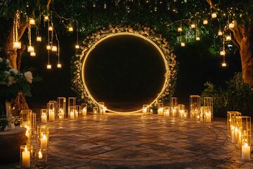 A romantic circular wedding arch surrounded by candles and fairy lights, creating a soft glow for an intimate evening ceremony,
