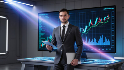 Financial Analyst in Modern Office with Digital Stock Market Charts