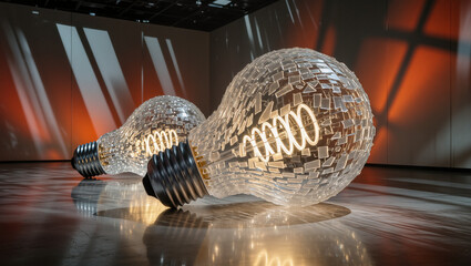 Giant Illuminated Crystal Lightbulb Sculptures in Modern Art Exhibition