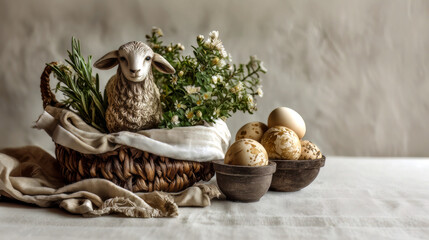 Tradycyjny wielkanocny kosz z owieczką, pisankami i ziołam
