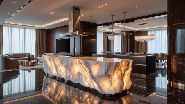 Elegant Open-Plan Kitchen and Living Area with Illuminated Onyx Island and Contemporary Design
