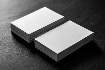 Fototapeta premium Two stacks of blank white business cards neatly arranged on a dark textured background