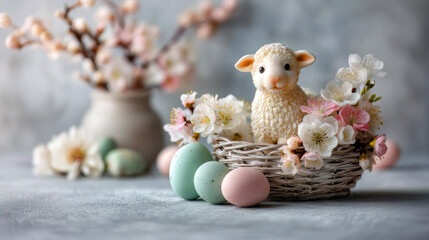 Wielkanocny kosz z białą owieczką, kwiatami wiśni i pisankami
