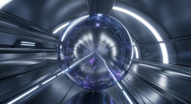 Futuristic semi-transparent sphere hurtles through sleek abstract tunnel, dynamically changing, alive, showcasing advanced technology, innovation, and next-generation transportation