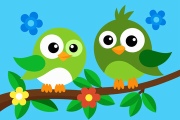 Fototapeta premium Two Cartoon Birds One Green and One Brown Perch