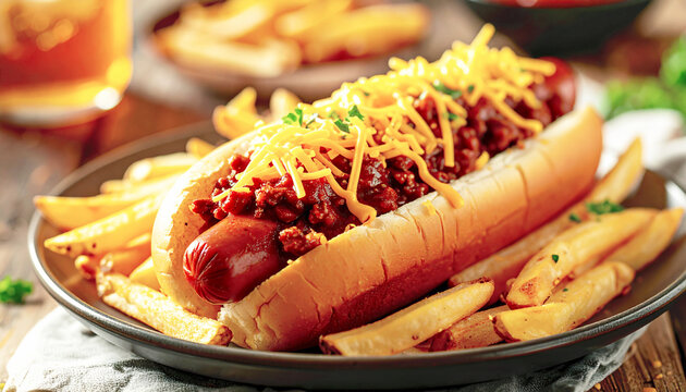 Shredded cheddar cheese on a chili dog, American style. AI