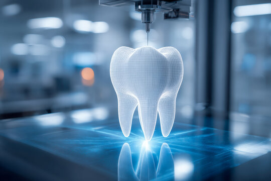 Innovative 3d printing technology creating a detailed holographic model of a molar tooth in a futuristic dental lab environment with blue lighting effects
