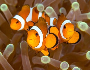 Three clownfish clustered among the tentacles of a sea anemone, bright orange with white bars and black outlines