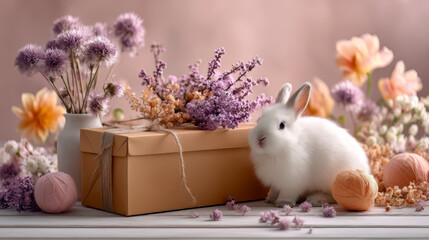 White Easter Bunny Lilac Orange Flowers Yarn Brown Gift Box