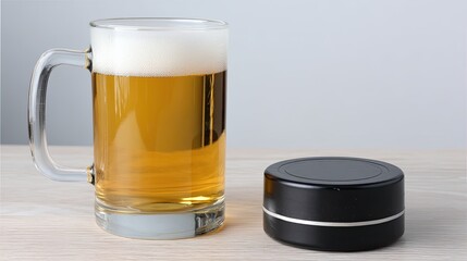A hockey puck sits next to a beer mug filled with golden beer on a wooden table at a casual gathering