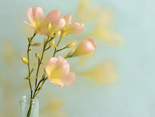 Elegant Pink Freesia Flowers in Glass Vase on Soft Blue Background