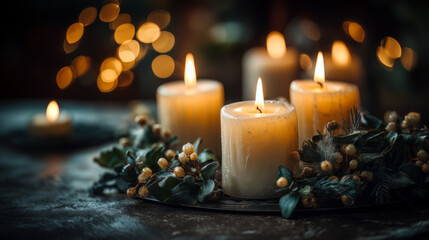 Advent Wreath Four Burning Candles Greenery Bokeh Lights