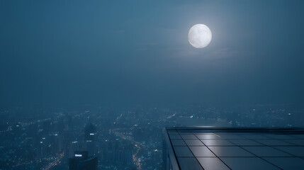 Full Moon Over City Skyline from High-Rise Rooftop at Night