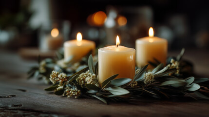 Advent Candles Greenery Wreath Burning Flames Wood Table