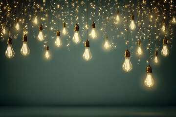 Group of vintage glowing light bulbs hanging against a dark teal background