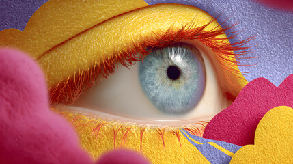 Surreal art illustration of a blue eye looking over colorful abstract rolling hills