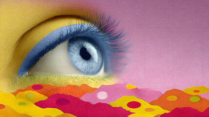 Surreal art illustration of a blue eye looking over colorful abstract rolling hills