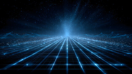 Digital technology background with blue glowing grid and light rays in dark space