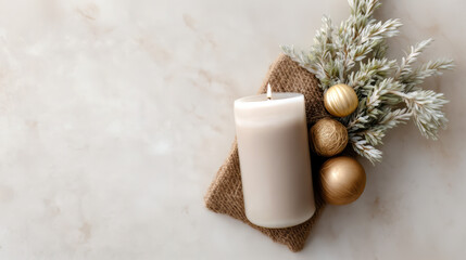 Christmas Candle Gold Baubles Greenery Burlap Beige Flatlay