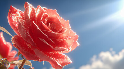 Beautiful red rose with water drops blooming under bright sunlight and blue sky
