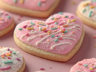 Close up of heart shaped cookies with pink frosting and colorful sprinkles for Valentine's Day