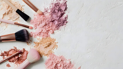 Beauty background with makeup brushes and crushed eyeshadow powder on white surface