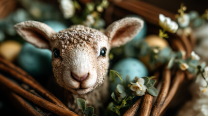 Cream Lamb Figurine Woven Wreath Blue Yellow Eggs Flowers