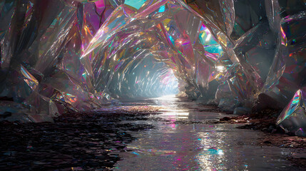 Magical iridescent crystal cave tunnel with glowing light at the end