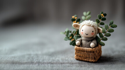 Cute Gray Plush Lamb Greenery Woven Basket Neutral Gray