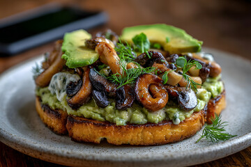 Healthy avocado toast topped with saut&eacute;ed wild mushrooms and dill