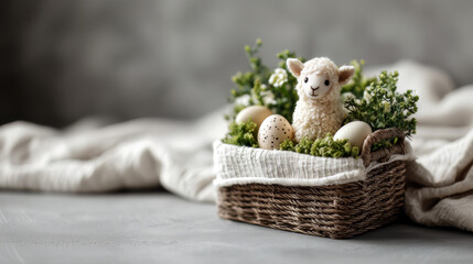 Easter Basket White Lamb Eggs Green Sprouts Linen Gray
