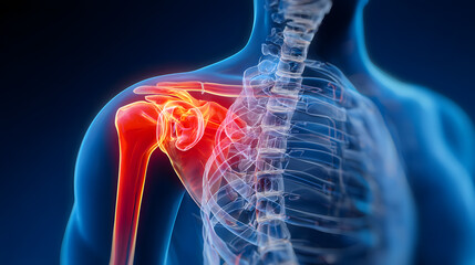 Human shoulder joint anatomy showing inflammation and pain area