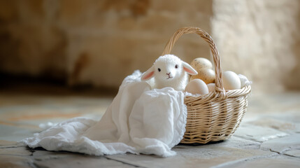 Easter Basket White Plush Lamb Eggs White Cloth Stone