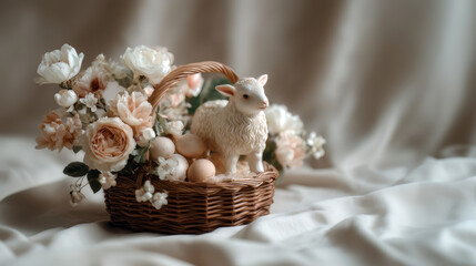Easter Woven Basket White Lamb Roses Eggs Beige Fabric