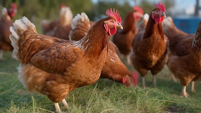 Rhode Island red free-range chickens pecking at the grass for food, mp4 video. AI