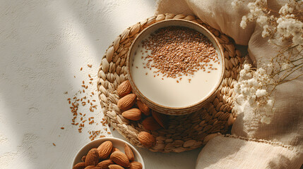 Healthy almond milk bowl with flax seeds and nuts on rustic background