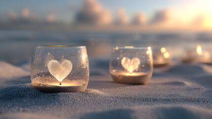 Romantic heart shaped candles glowing in glass jars on a sunset beach