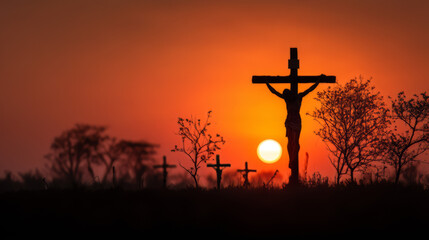 Jesus Cross Silhouette Sunset Barren Trees Calvary Hill